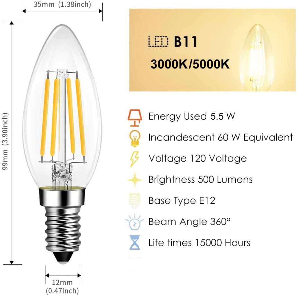 E12-B11-5000K LED Filament Bulb 5.5W (60W Equivalent) Dimmable 500 Lumens Candelabra Daylight Candle Light Bulbs