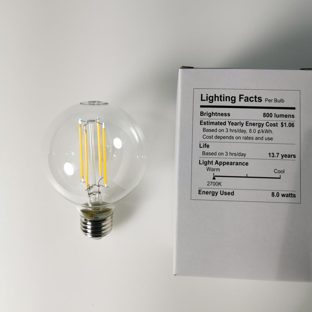 G25-E26-5000K LED Filament Bulb 8W (60W Equivalent) Dimmable 800 Lumens DAYLIGHT ROUND Clear Bulbs