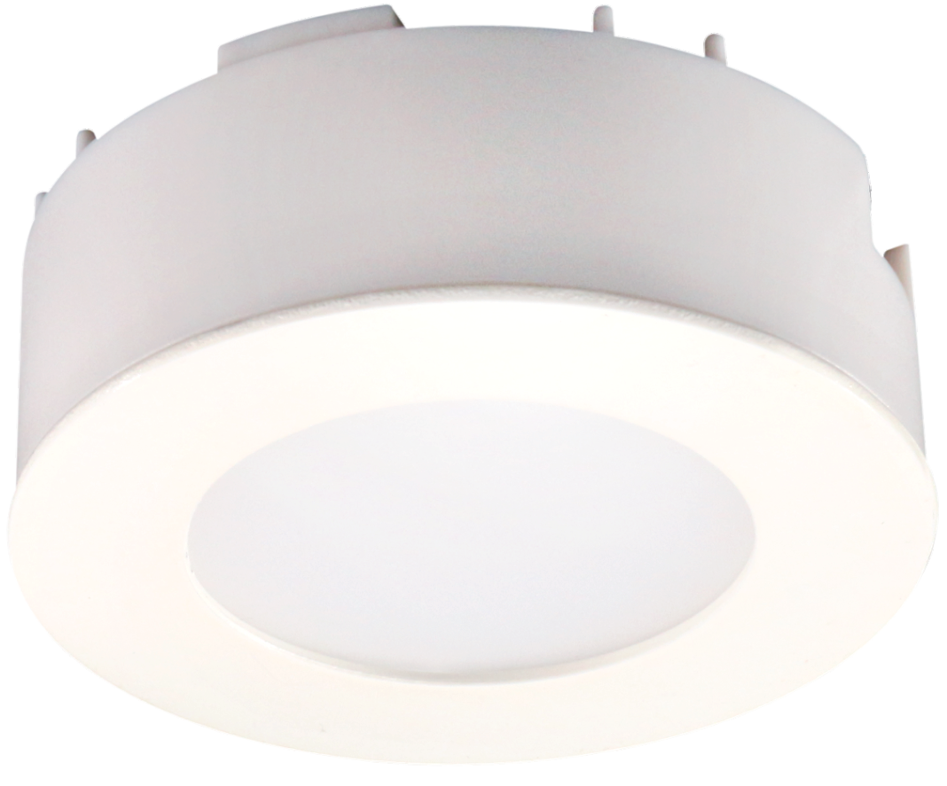 A modern flush-mount circular LED Cabinet Puck Light with a white outer trim and a bright white diffuser, shown against a plain white background.