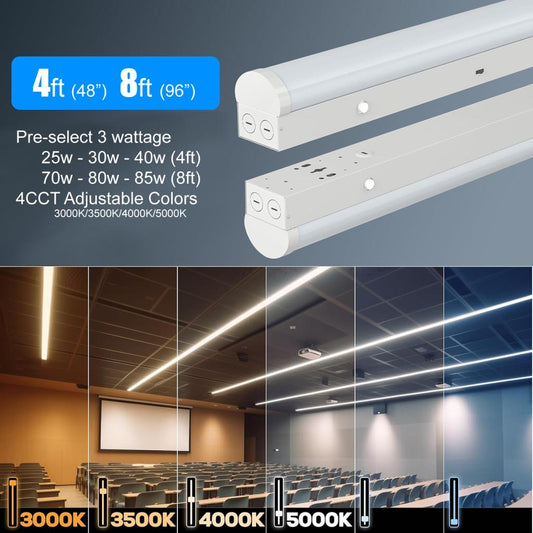 4 ft LED Eco-Commercial & Industrial Linear Strip, 96", Pre-Select 3 Wattage 70-80-85W, Pre-Select 4CCT 3000K-3500K-4000K-5000K, 135lm/W, Dimming 0-10V, 120-347V