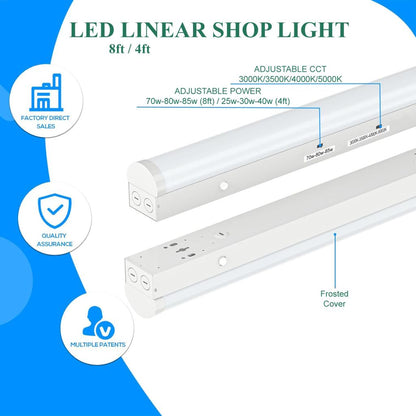 4 ft LED Eco-Commercial & Industrial Linear Strip, 96", Pre-Select 3 Wattage 70-80-85W, Pre-Select 4CCT 3000K-3500K-4000K-5000K, 135lm/W, Dimming 0-10V, 120-347V