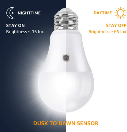 9W Dusk to Dawn Light Bulb 60W Equivalent, A19 E26 Sensor Bulbs Outdoor Auto on and Off, Daylight White 3000K