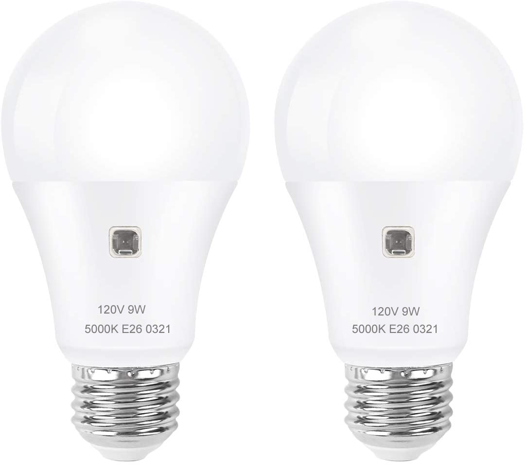 9W Dusk to Dawn Light Bulb 60W Equivalent, A19 E26 Sensor Bulbs Outdoor Auto on and Off, Daylight White 3000K