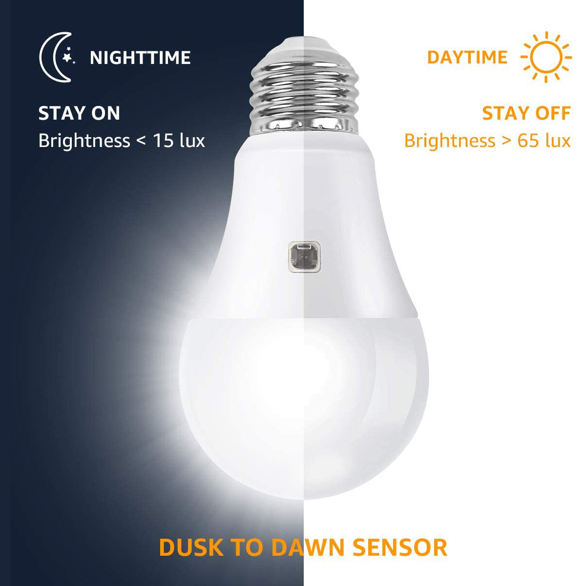 9W Dusk to Dawn Light Bulb 60W Equivalent, A19 E26 Sensor Bulbs Outdoor Auto on and Off, Daylight White 5000K