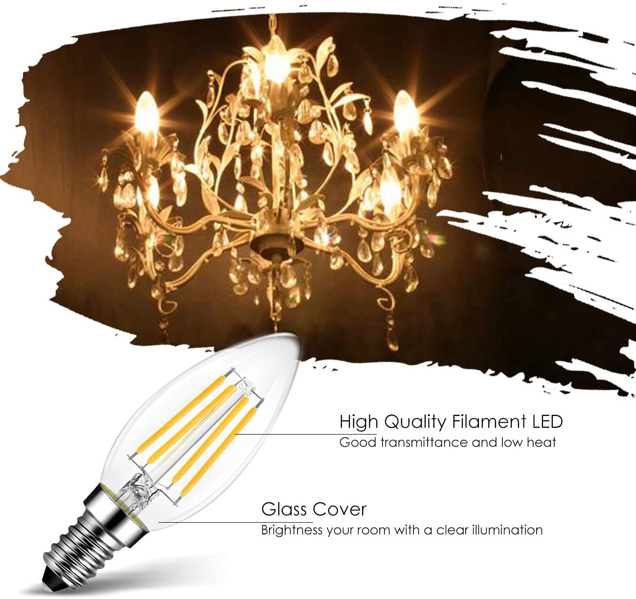 E12-B11-5000K LED Filament Bulb 5.5W (60W Equivalent) Dimmable 500 Lumens Candelabra Daylight Candle Light Bulbs