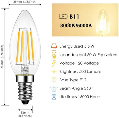 E12-B11-5000K LED Filament Bulb 5.5W (60W Equivalent) Dimmable 500 Lumens Candelabra Daylight Candle Light Bulbs