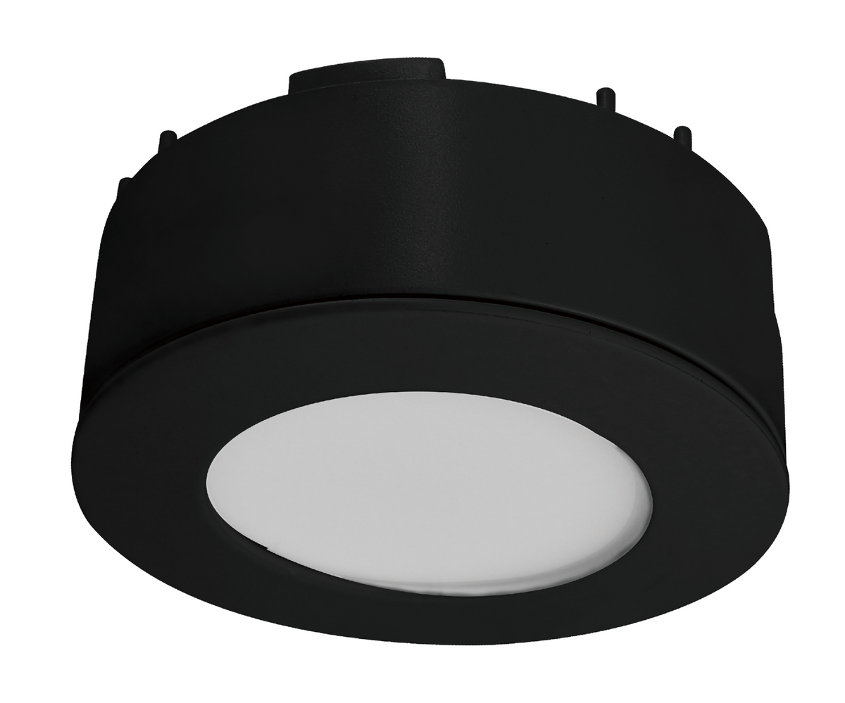 A modern flush-mount circular LED Cabinet Puck Light with a black outer trim and a bright white diffuser, shown against a plain white background.
