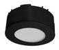 A modern flush-mount circular LED Cabinet Puck Light with a black outer trim and a bright white diffuser, shown against a plain white background.