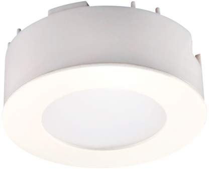 A modern flush-mount circular LED Cabinet Puck Light with a white outer trim and a bright white diffuser, shown against a plain white background.