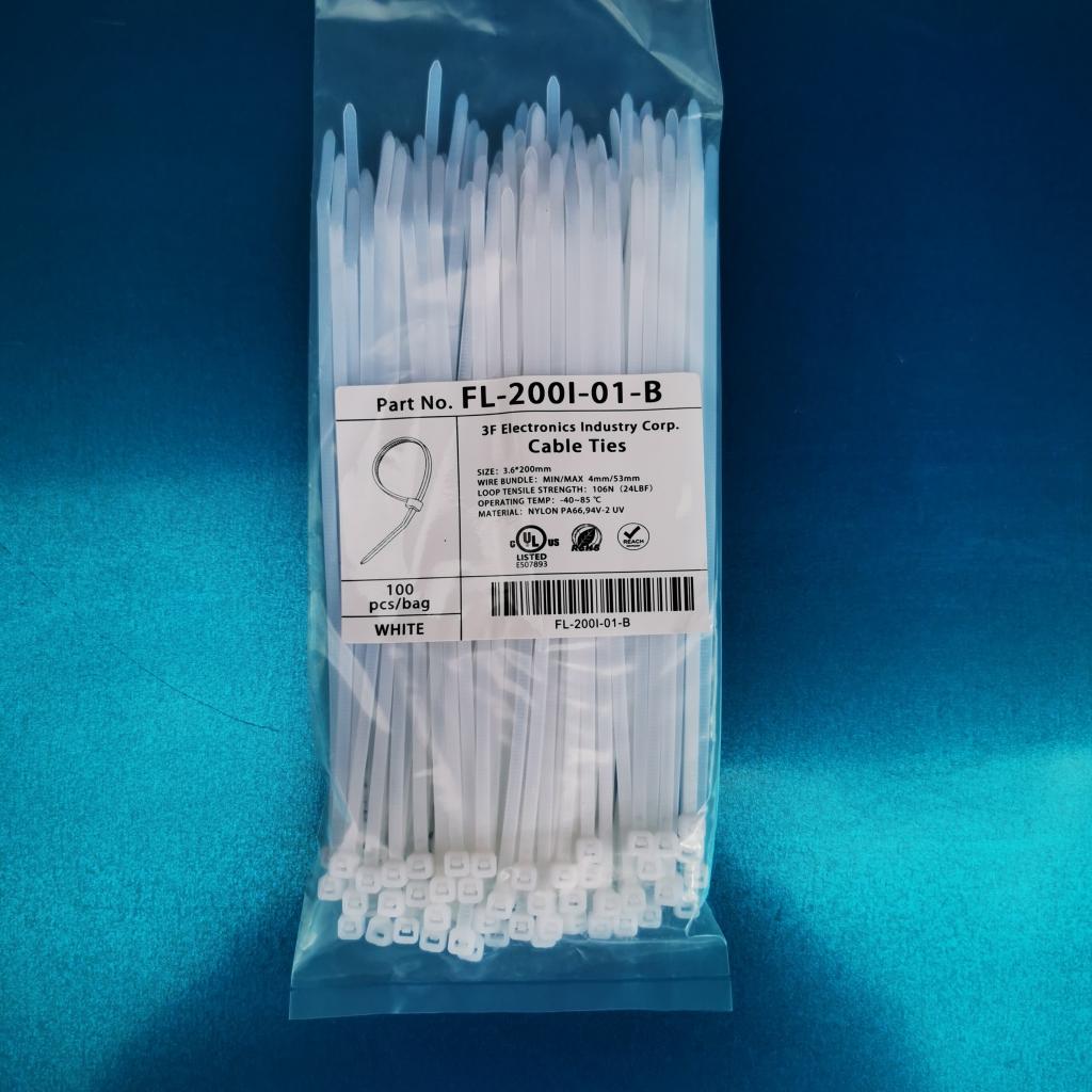 FL-200I-01-B Cable Zip Ties 8-inch Mounting Ties Indoor/Outdoor Use UV Resistant Nylon Material - WHITE (100-Pack)