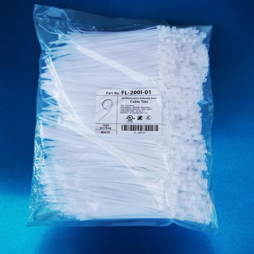 FL-200I-01 Cable Zip Ties 8-inch Mounting Ties Indoor/Outdoor Use UV Resistant Nylon Material - WHITE (1000-Pack)