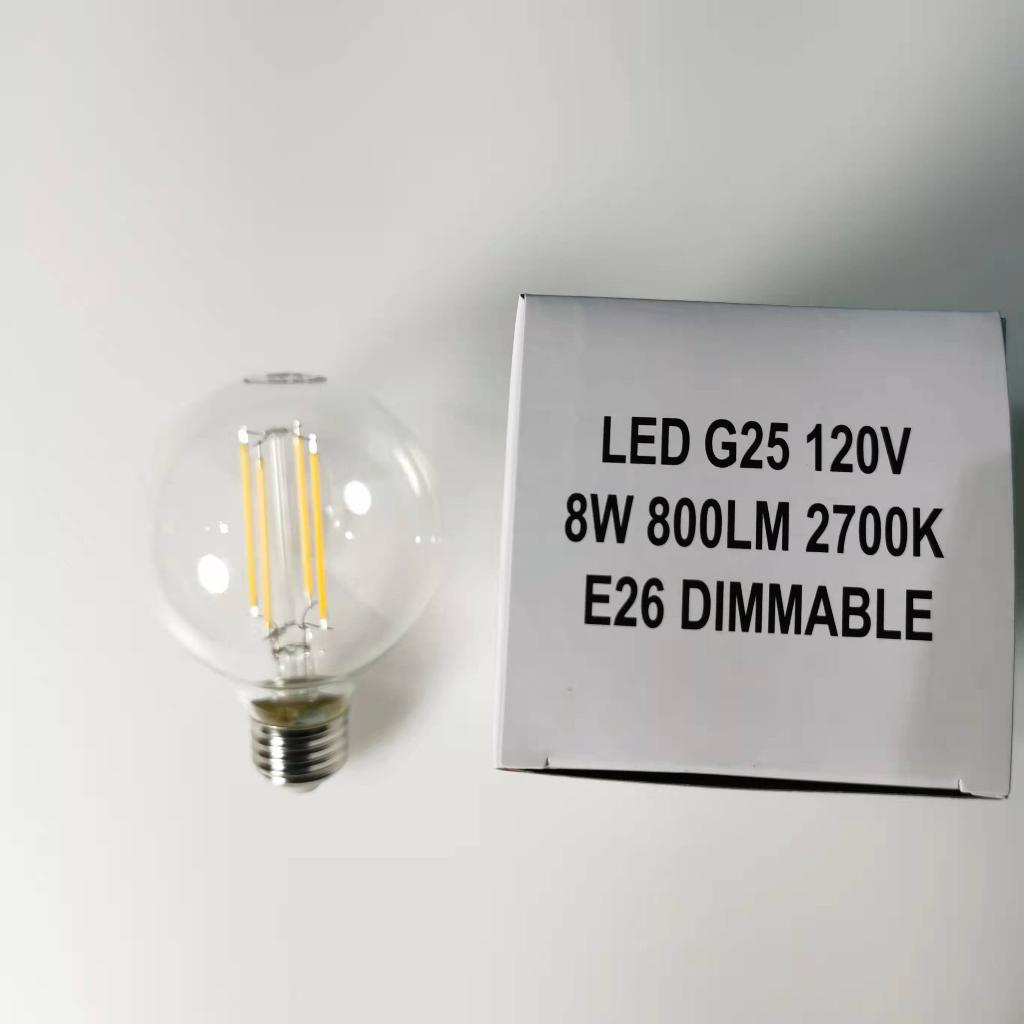 G25-E26-2700K LED Filament Bulb 8W (60W Equivalent) Dimmable 800 Lumens WARM WHITE ROUND Clear Bulbs