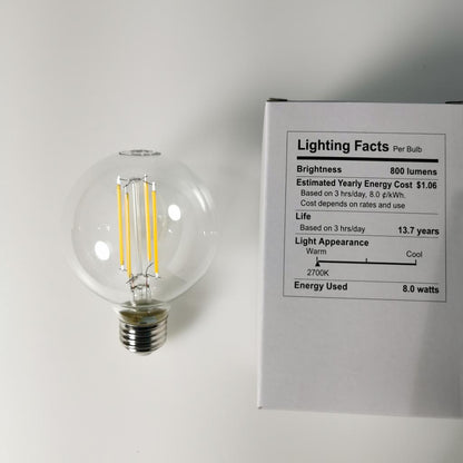 G25-E26-2700K LED Filament Bulb 8W (60W Equivalent) Dimmable 800 Lumens WARM WHITE ROUND Clear Bulbs