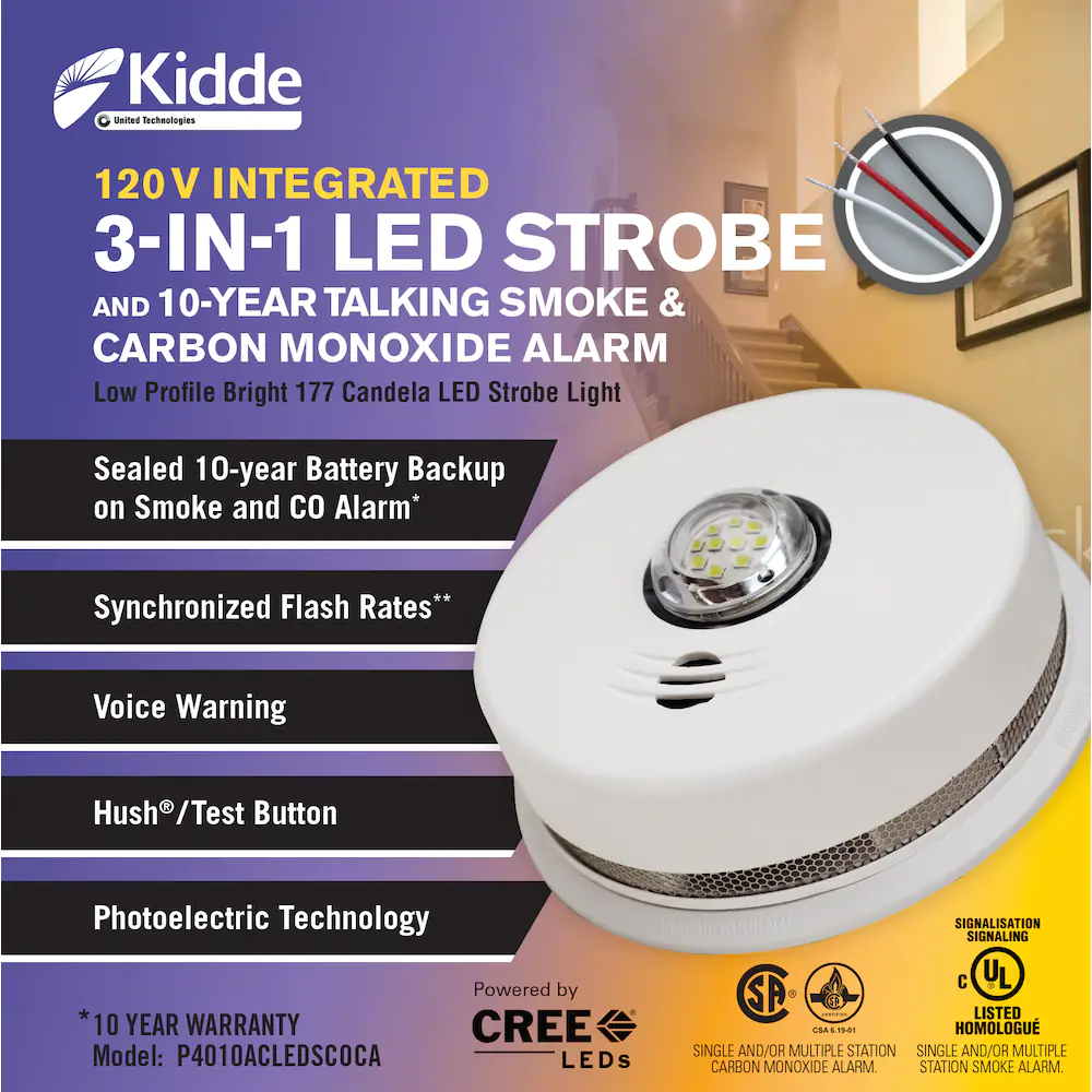 3-IN-1 Kidde Hardwire Interconnected Combination Smoke and CO Alarm with Strobe Light and Voice Alert