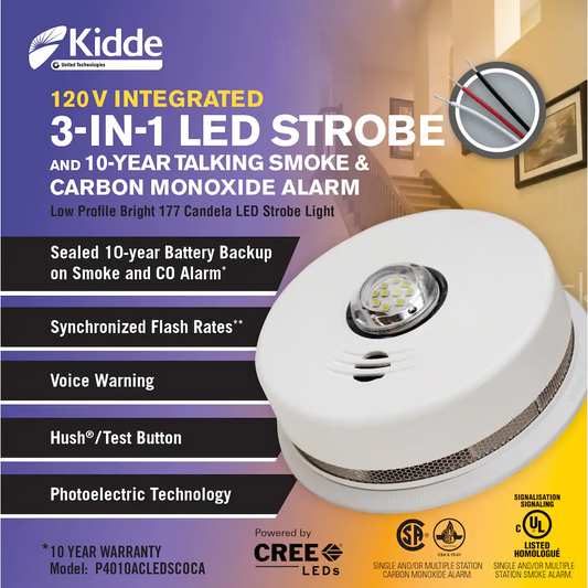 3-IN-1 Kidde Hardwire Interconnected Combination Smoke and CO Alarm with Strobe Light and Voice Alert
