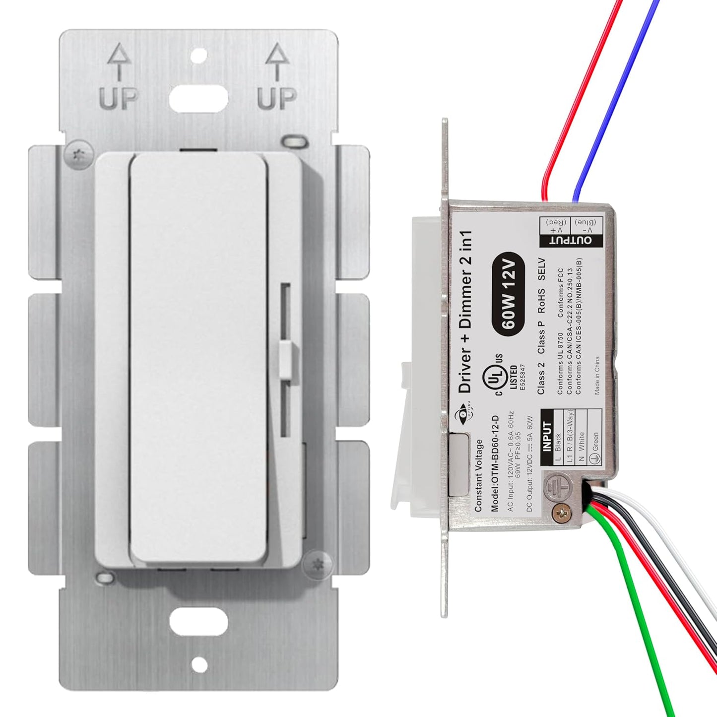 Dimmer Light Switch & 12V 60W Dimmable LED Driver 3 in 1, Class 2 UL Listed 120VAC to 12VDC Power Supply