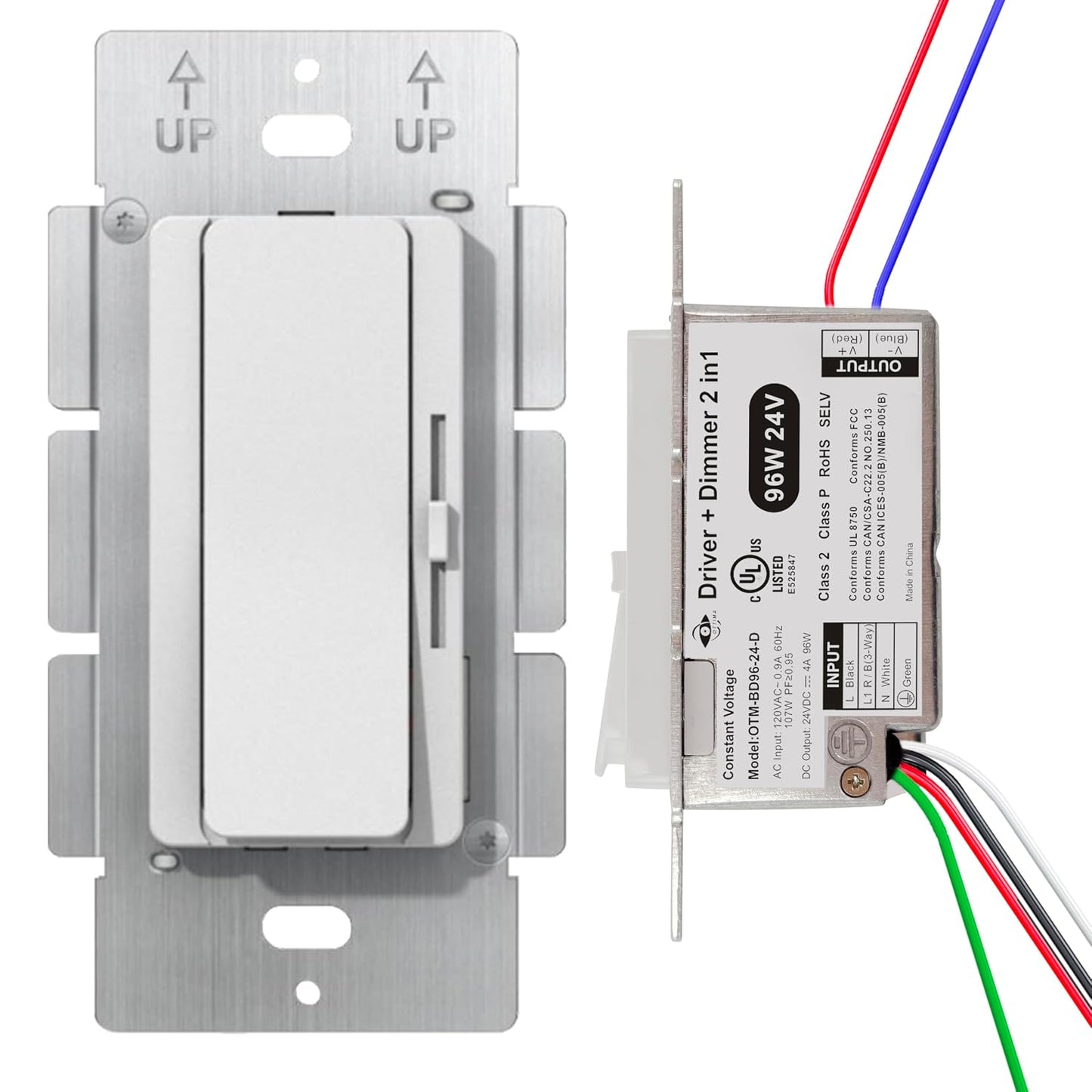 Dimmer Light Switch & 24V 96W Dimmable LED Driver 3 in 1, Class 2 UL Listed 120VAC to 24VDC Power Supply
