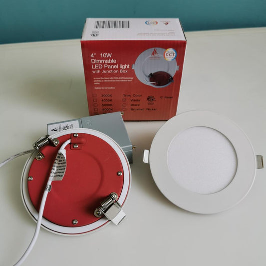 4" LED Slim Panel Pot light 3CCT 3000K-4000K-5000K Convertible with Junction Box, Fire Rated and Wet Location Approved, 10W 860LM, White Trim