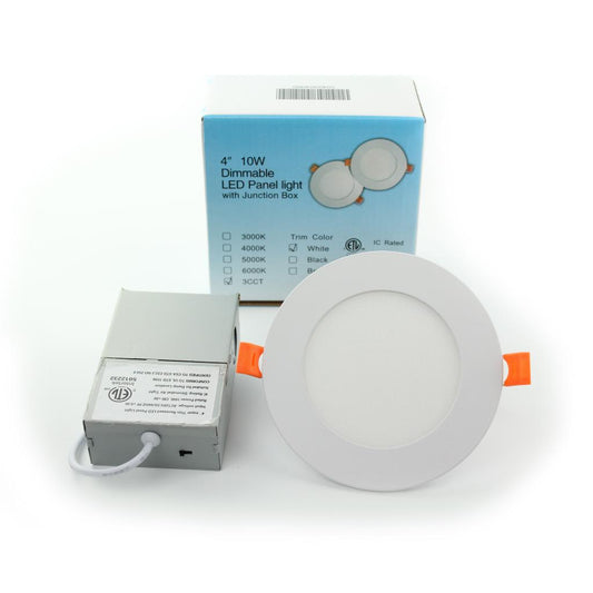 4" LED Slim Panel Pot light 3CCT 3000K-4000K-5000K Convertible with Junction Box, 10W 860LM, White Trim