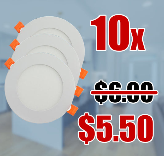 Three round recessed LED slim pot light stacked together to indicate a plurality of the sold item, with orange clips, shown against a blurred kitchen and hallway background with a large red '10x' label indicating that the product is being sold in a 10 pieces pack. A red '$5.50' label indicates the discounted price when purchased in 10s, with a black '$6.00' label being crossed out by a red line indicating its original price.