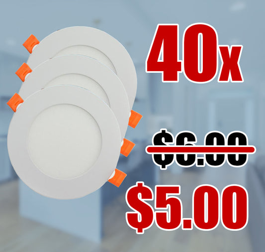 Three round recessed LED slim pot light stacked together to indicate a plurality of the sold item, with orange clips, shown against a blurred kitchen and hallway background with a large red '40x' label indicating that the product is being sold in a 10 pieces pack. A red '$5.00' label indicates the discounted price when purchased in 40s, with a black '$6.00' label being crossed out by a red line indicating its original price.
