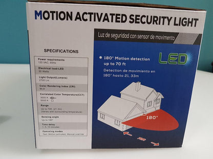 The retail packaging box for a motion-activated LED security light, featuring specifications and product details on a white and blue background with a house illustration.